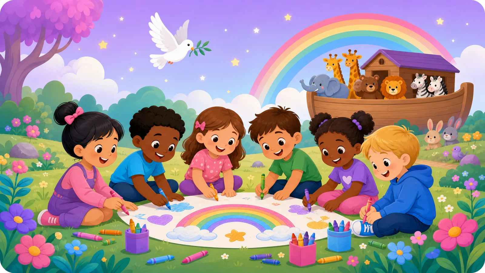 Crianças felizes colorindo e brincando juntas com temas bíblicos: arca de Noé, arco-íris e pomba